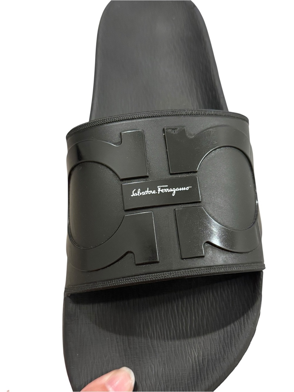 Salvatore Ferragamo Black Slide Sandals Mens Size 9 Groove 2 Rubber Gancini Logo - Picture 7 of 11